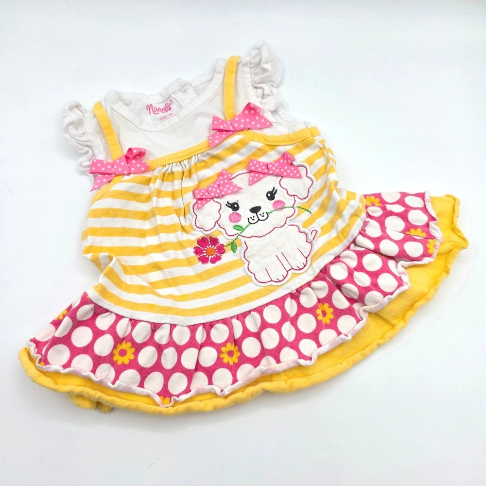Nannette Baby Girl 12M Yellow Striped Pink Polka Dot Puppy Dress Bows Ruffle